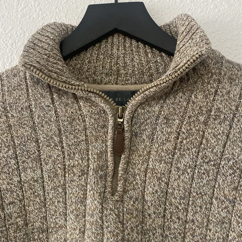 Oscar De La Renta Tan Ribbed Knit Half-Zip Mock Neck Sweater